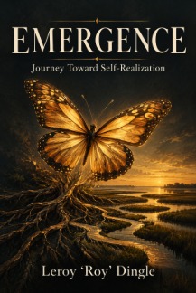 Cover of Emergence: Journey Toward Self-Realization, a butterfly rising from roots over a marsh at sunset