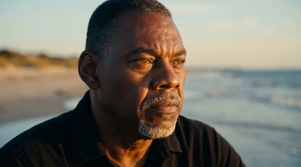 Roy on the beach at sunset, looking out over the water